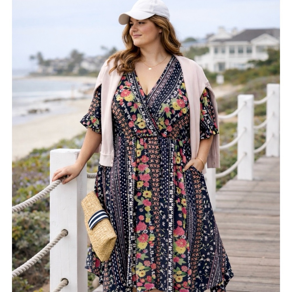 SHEIN Curve Dress Floral V-Neck Elastic Waist Handkerchief Hem 3X Short Sleeve